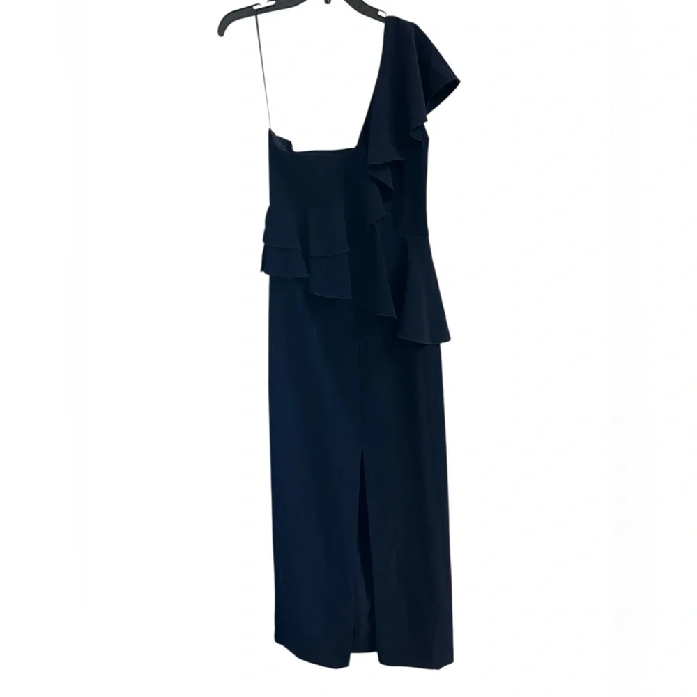 TRINA TURK Indigo Navy Blue One-Shoulder Waterfall Ruffle 12 Gown Special Event - Picture 6 of 13